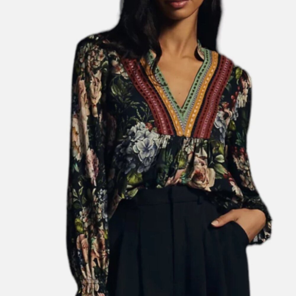 $118 Bl^nk London x Anthropologie STEPHANIE Black Green Floral V-Neck Top